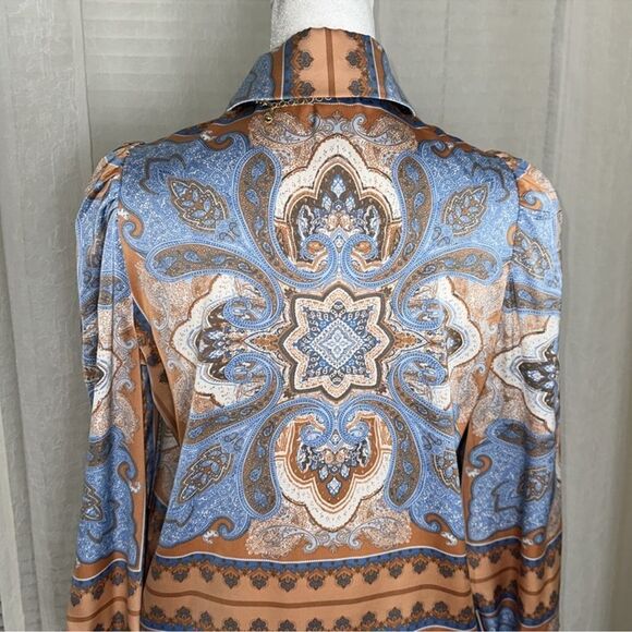 Joie XS Orange Blue Ivory Paisley Hankie Square Style Puff Long Sleeve Blouse - Picture 4 of 13